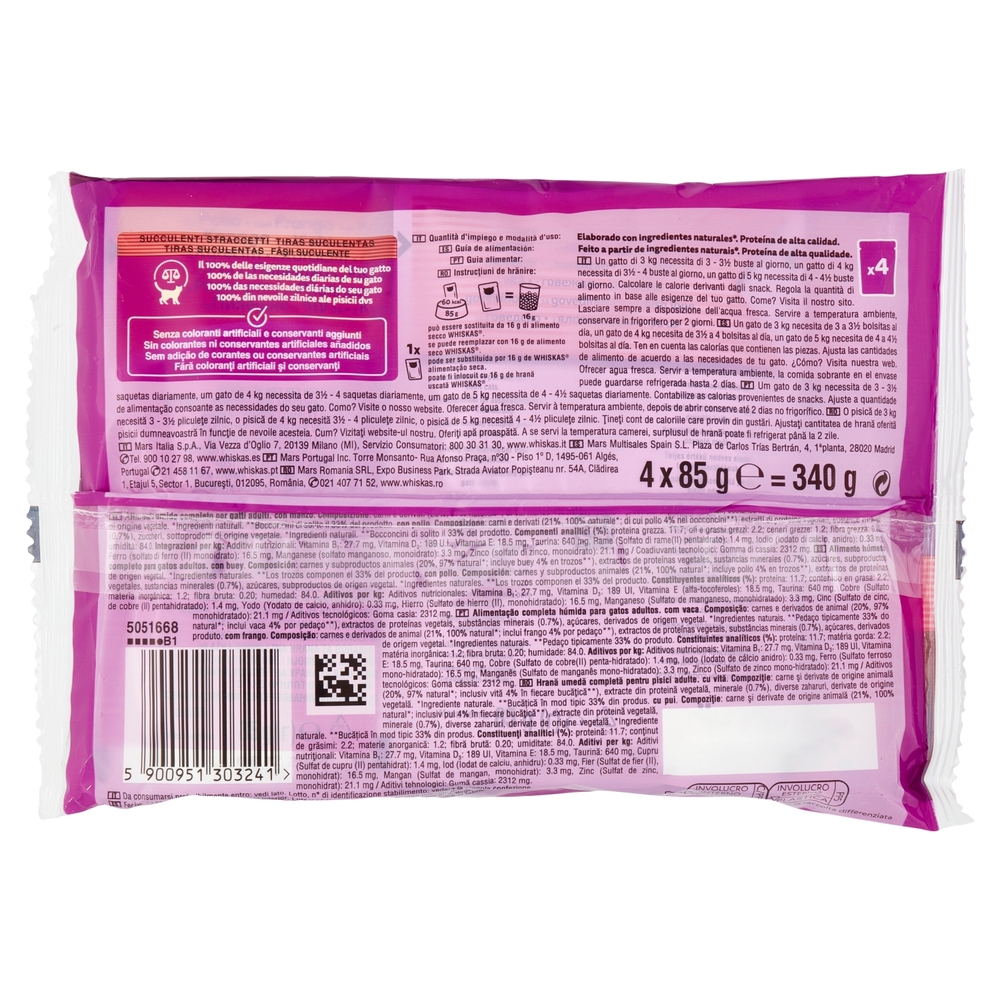 Whiskas Pure Delight Succulenti Straccetti in gelatina con manzo, con pollo 4 x 85 g