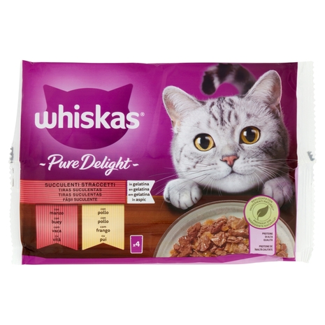 Whiskas Pure Delight Succulenti Straccetti in gelatina con manzo, con pollo 4 x 85 g