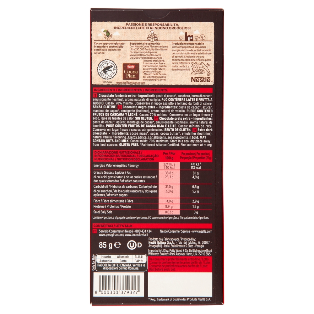 PERUGINA Nero Fondente Extra 70% Tavoletta Cioccolato Fondente 85g