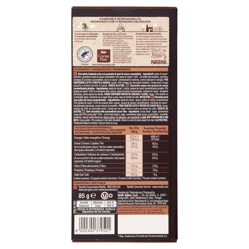 PERUGINA Nero Fondente Extra Semi di Cacao Tavoletta Cioccolato Fondente 85g