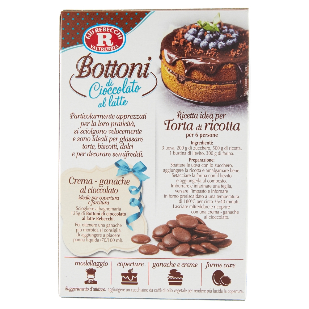 F.lli Rebecchi Valtrebbia dolci decori Bottoni di Cioccolato al latte per copertura e ganache 125 g