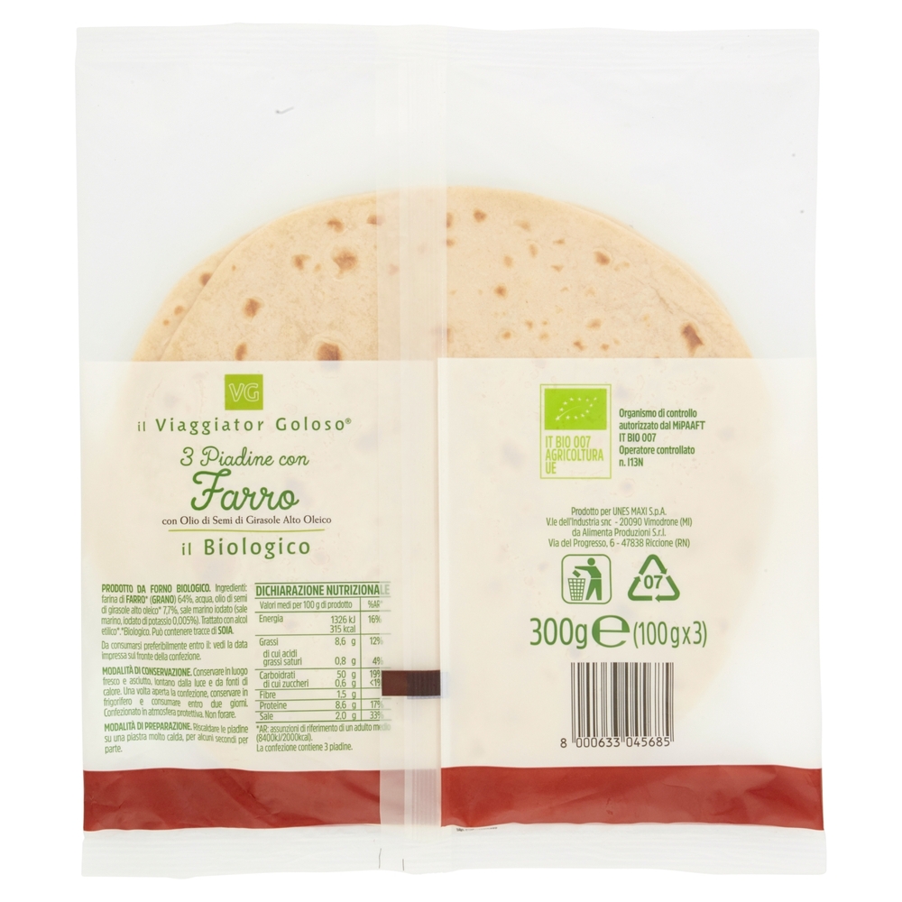 3 PIADINE CON FARRO con Olio di Semi di Girasole Alto Oleico il Viaggiator Goloso il Biologico