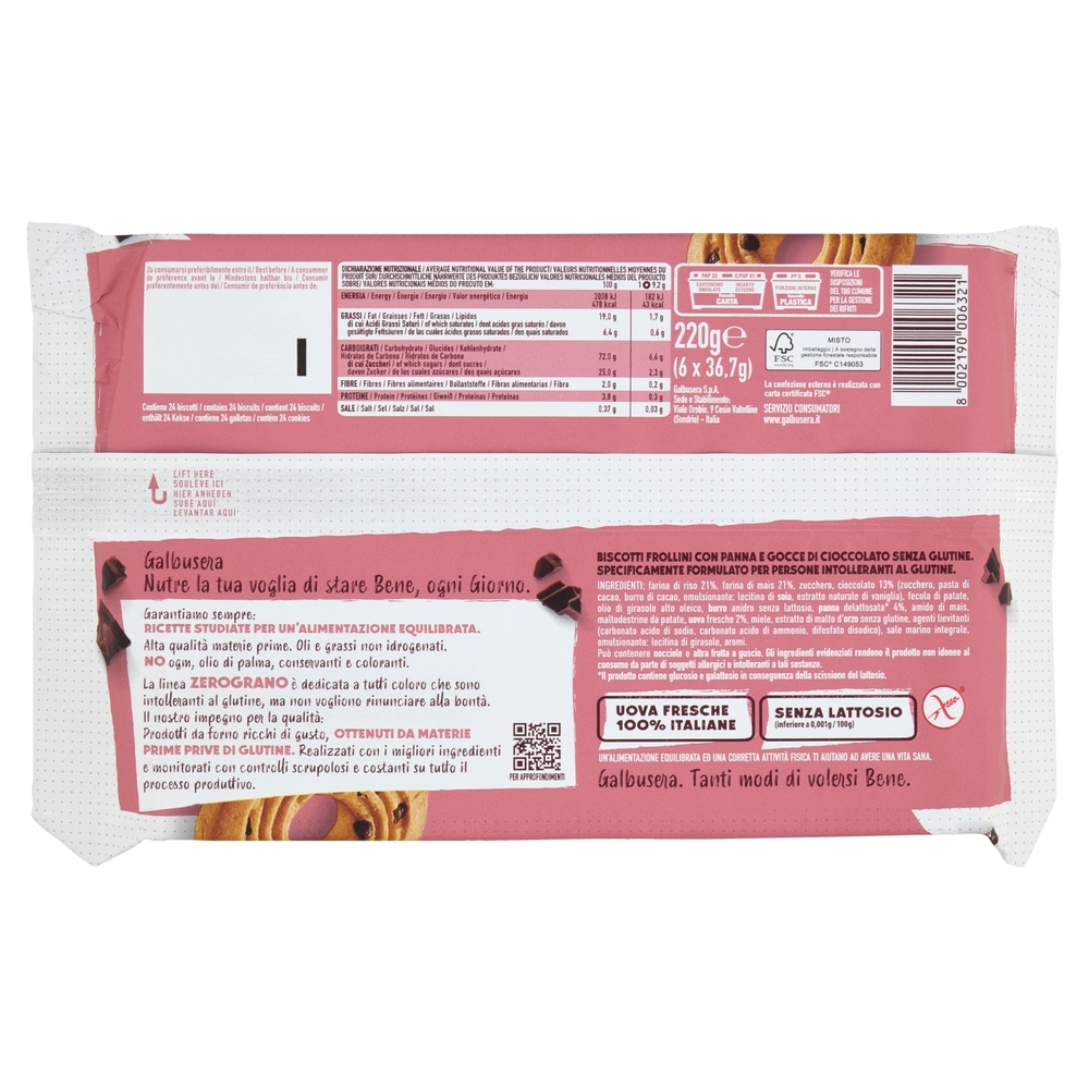 Galbusera ZeroGrano Senza Glutine con Panna e Gocce di Cioccolato 6 x 36,7 g