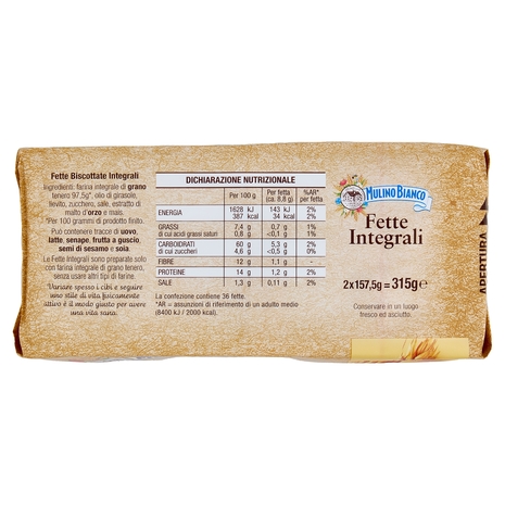 Mulino Bianco Fette Biscottate Integrali Ricche di Fibre 315g