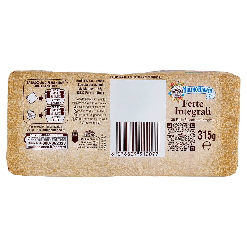 Mulino Bianco Fette Biscottate Integrali Ricche di Fibre 315g