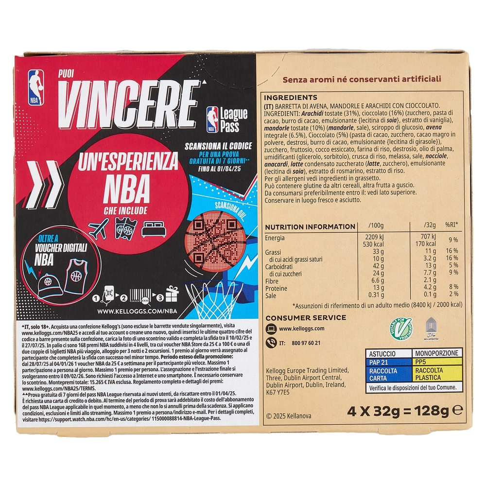 Kellogg's Barretta Mandorle e Cioccolato 4 x 32 g