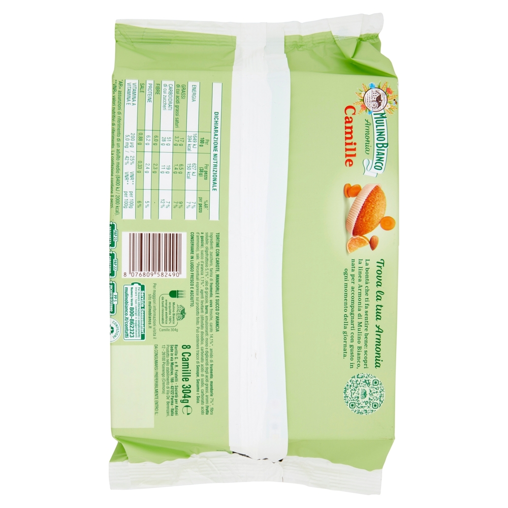 Mulino Bianco Camille Merenda Ricca di Fibre Carote Italiane Mandorle Succo d'Arancia 8 tortine 304g
