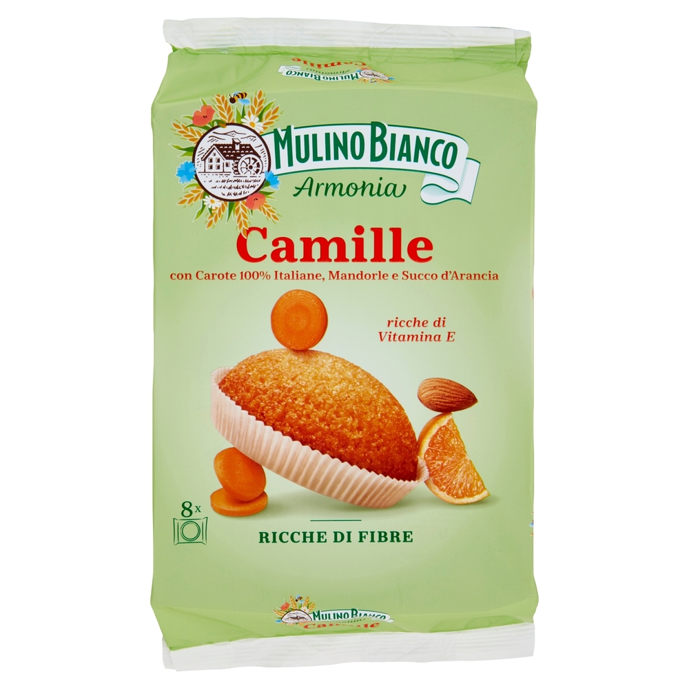 Mulino Bianco Camille Merenda Ricca di Fibre Carote Italiane Mandorle Succo d'Arancia 8 tortine 304g