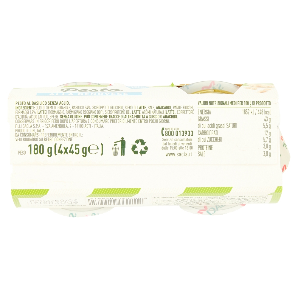 Saclà Pesto alla Genovese Senza Aglio 4 x 45 g