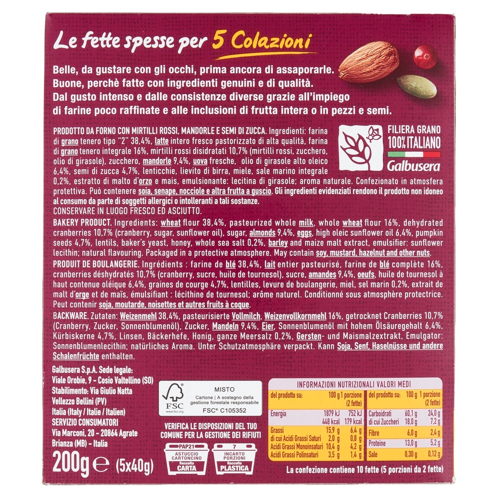 Galbusera BelleBuone 5 Colazioni Mirtilli rossi mandorle semi di zucca 5 x 40 g