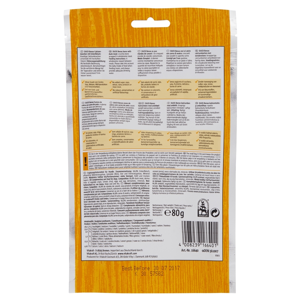 Vitakraft pure Duck Bonas Ossi al calcio con carne di anatra 80 g