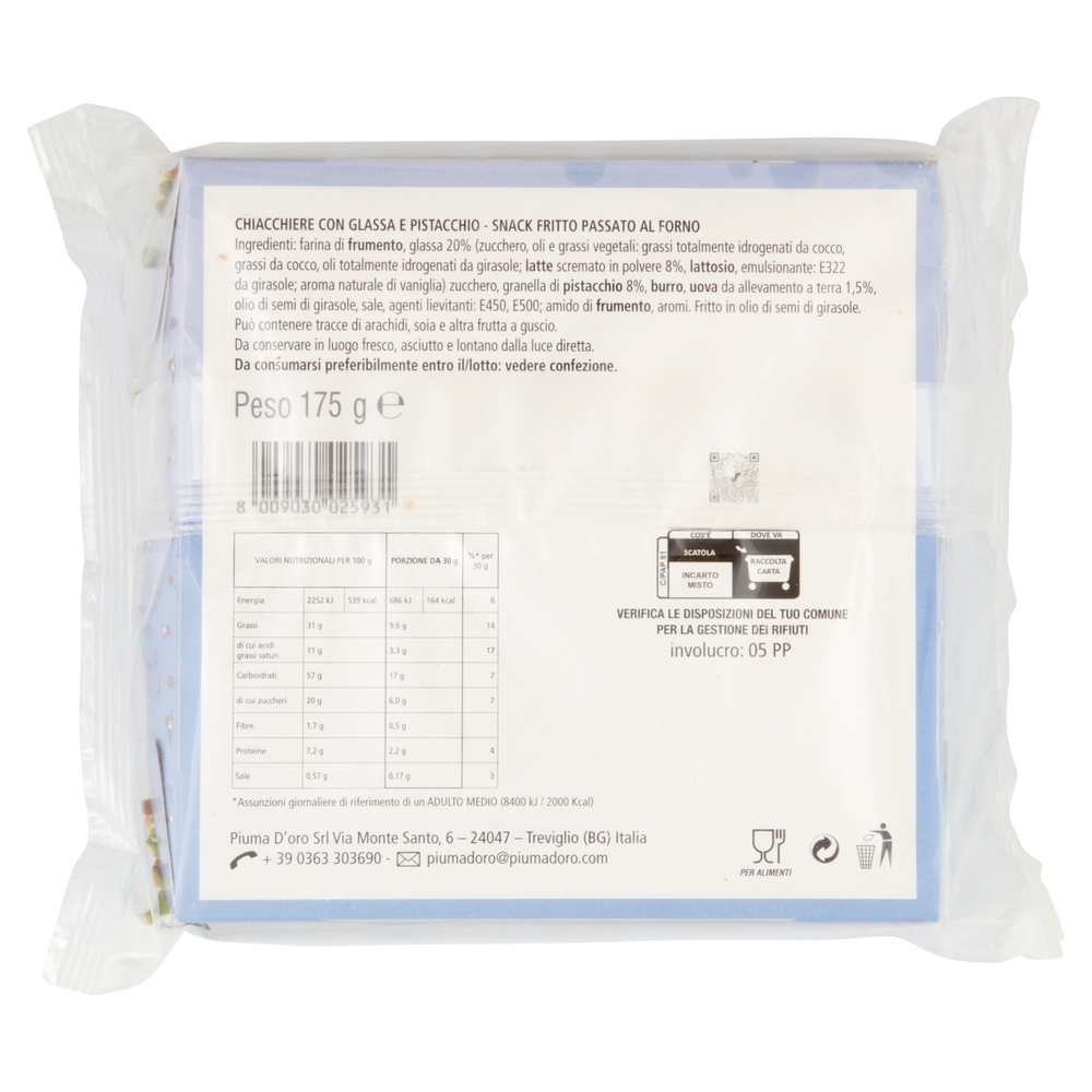 Piuma D'oro Chiacchiere con decorazioni al pistacchio 175 g