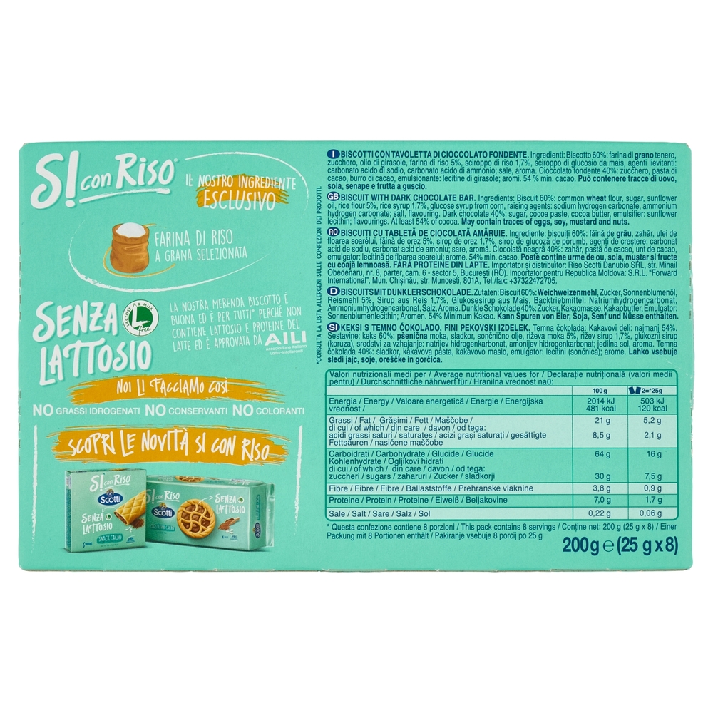 Riso Scotti Si con Riso Senza Lattosio Merenda Biscotto e Cioccolato 8 x 25 g