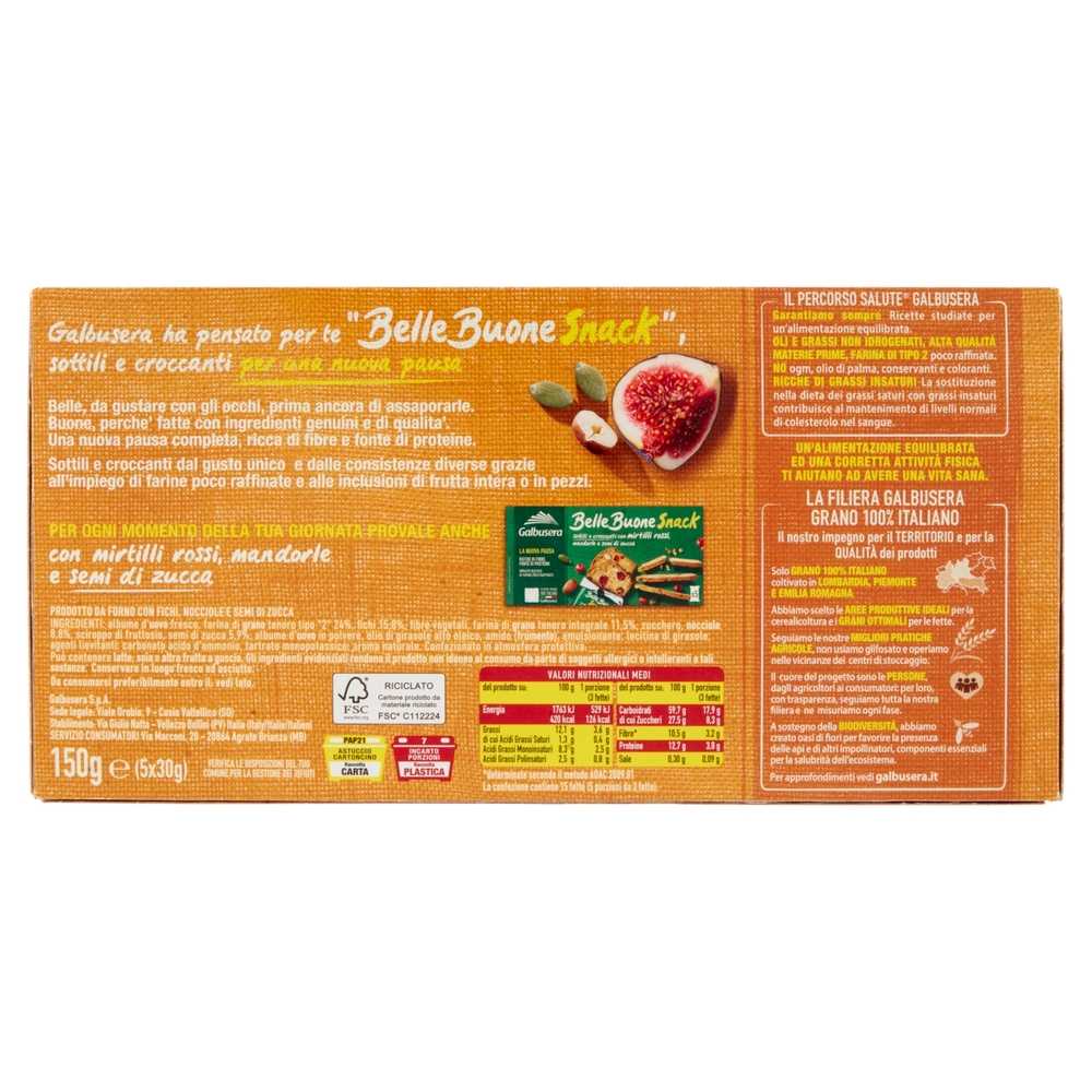 Galbusera BelleBuone Snack sottili e croccanti con fichi, nocciole e semi di zucca 5 x 30 g