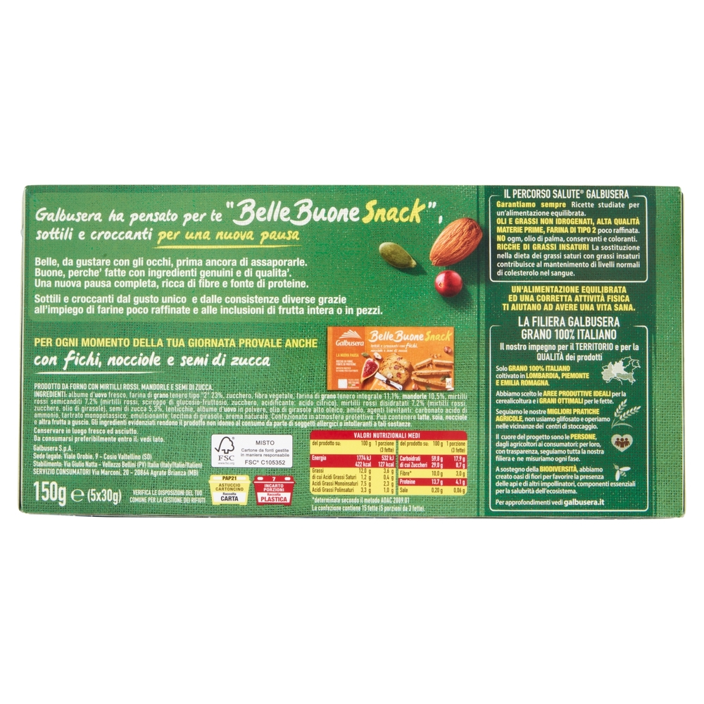 Galbusera BelleBuone Snack sottili e croccanti con mirtilli rossi, mandorle e semi di zucca 5 x 30 g