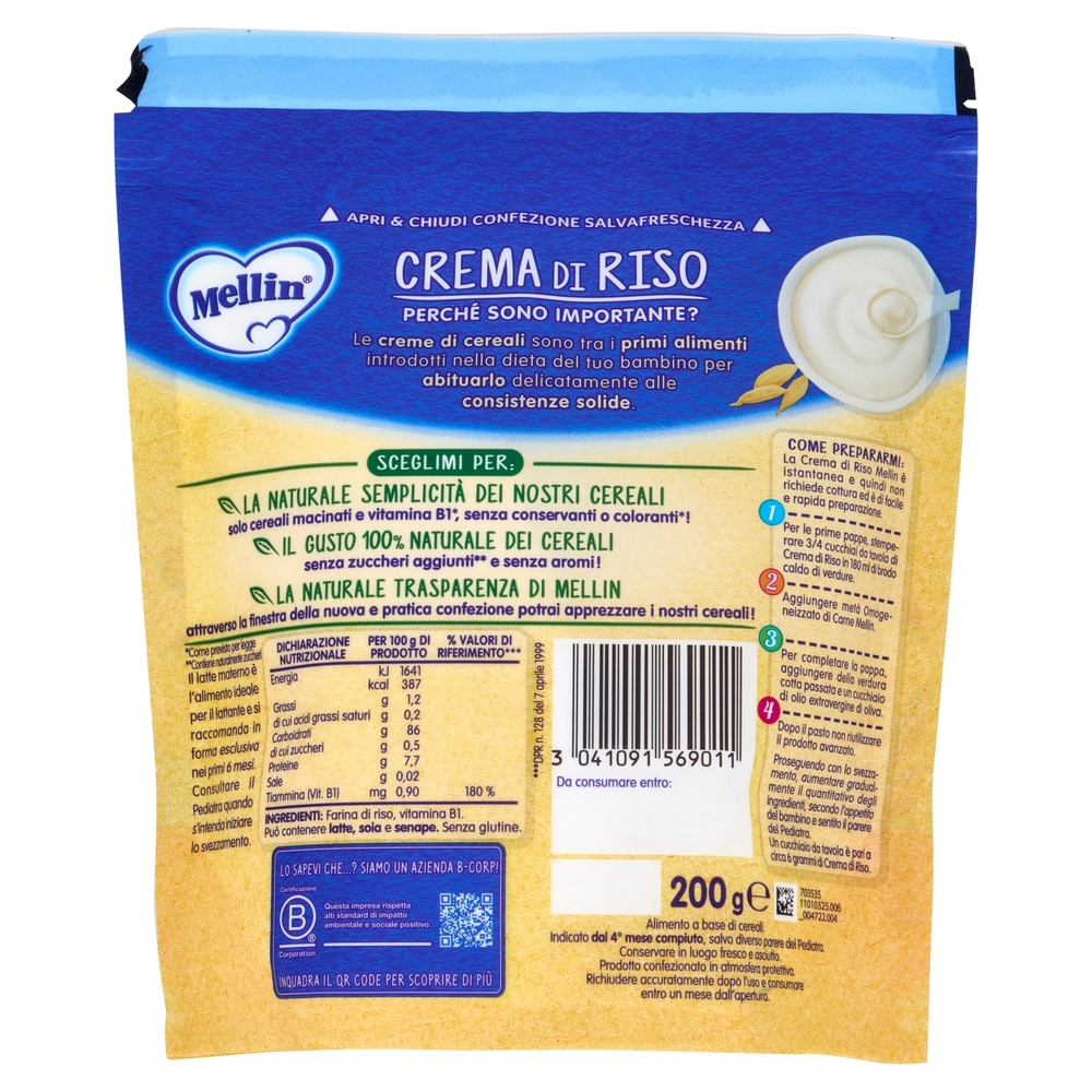 MELLIN Crema di Riso, Confezione Apri&Chiudi, dall'inizio dello Svezzamento, Senza Glutine, 200g