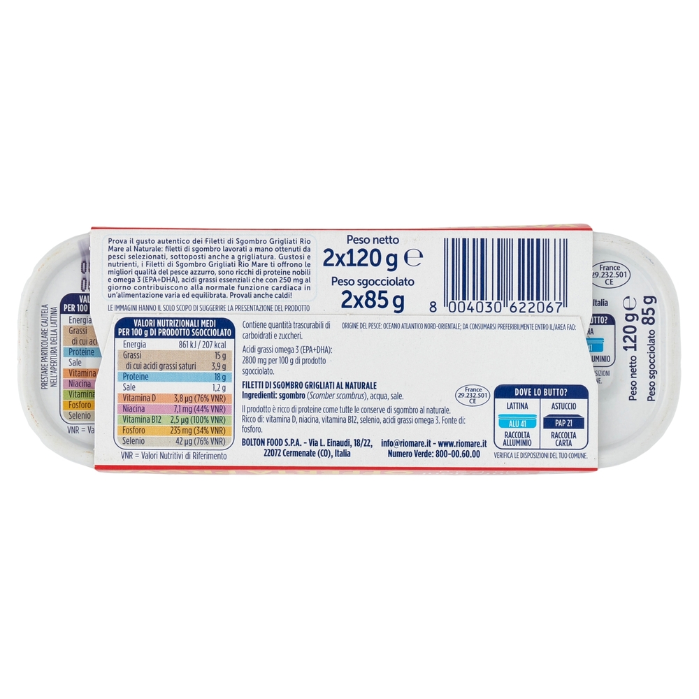 Rio mare Filetti di Sgombro al Naturale Grigliati 2 x 120 g