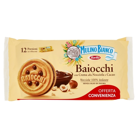 Mulino Bianco Baiocchi Biscotti Snack Farciti con Crema alla Nocciola e Cacao Bipacco 672g