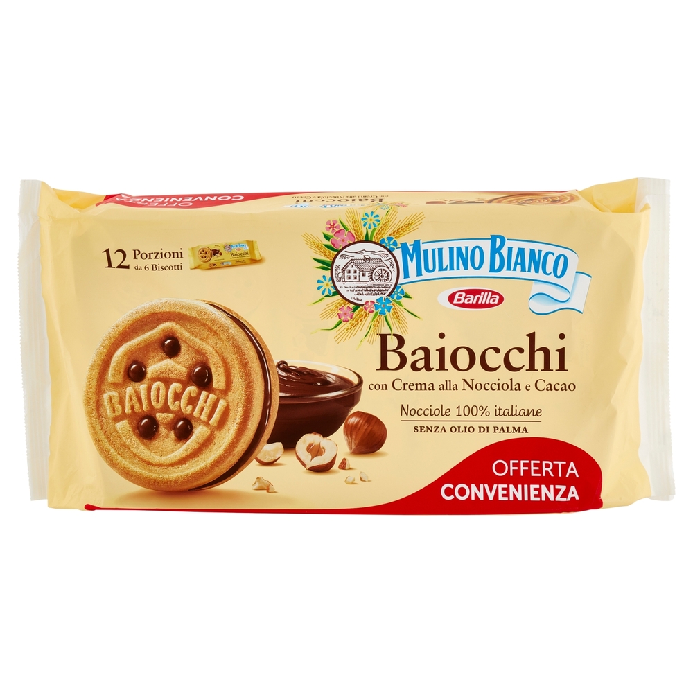 Mulino Bianco Baiocchi Biscotti Snack Farciti con Crema alla Nocciola e Cacao Bipacco 672g