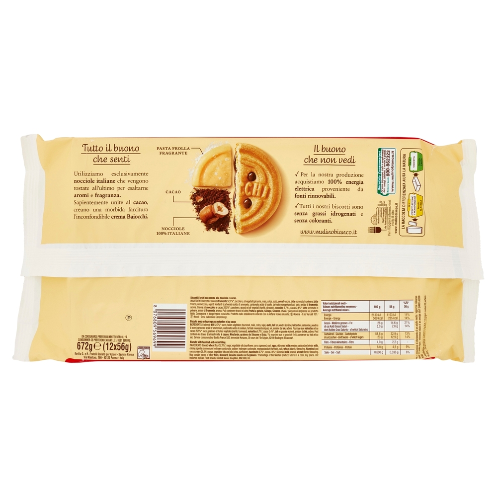 Mulino Bianco Baiocchi Biscotti Snack Farciti con Crema alla Nocciola e Cacao Bipacco 672g