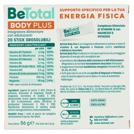 BeTotal Body Plus, Integratore Alimentare con Vit B, Mag e Potassio contro stanchezza, 20 stick