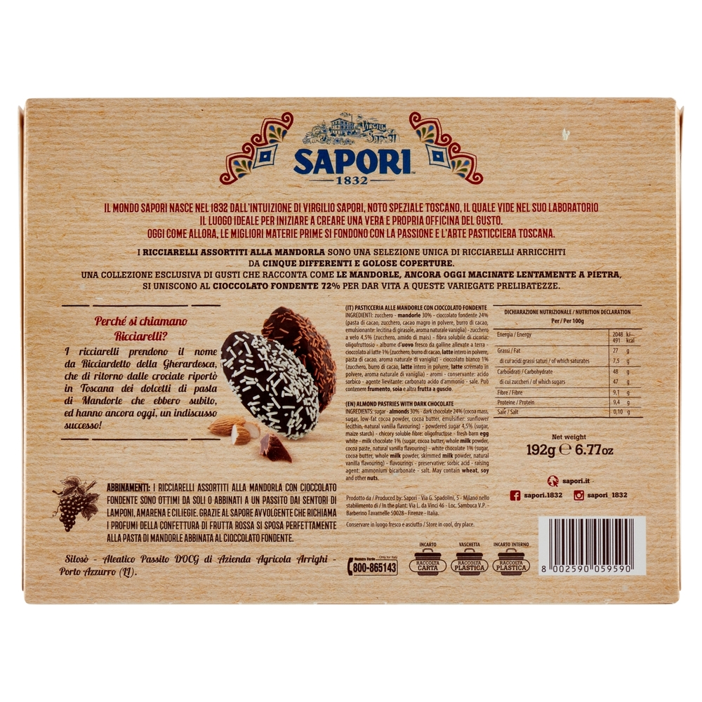 Sapori Ricciarelli Assortiti Cioccolato Fondente 72% 192 g