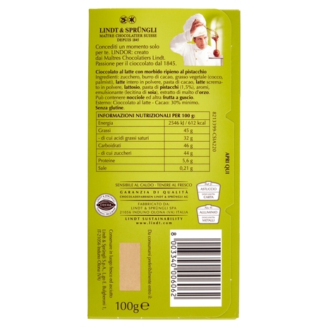 Lindt Lindor Tavoletta Cioccolato al latte Pistacchio 100g