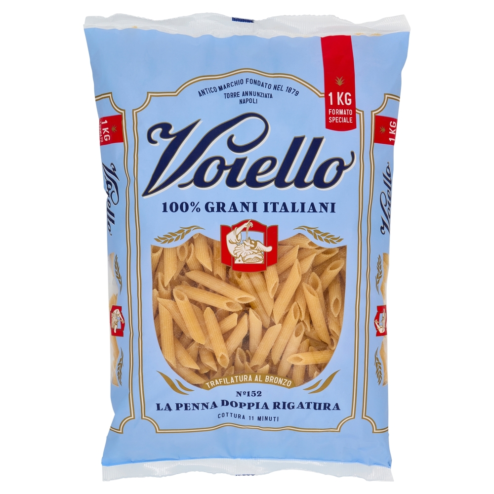 Voiello Pasta La Penna Doppia Rigatura N°152 grano Aureo 100% italiano Trafilata bronzo 1Kg