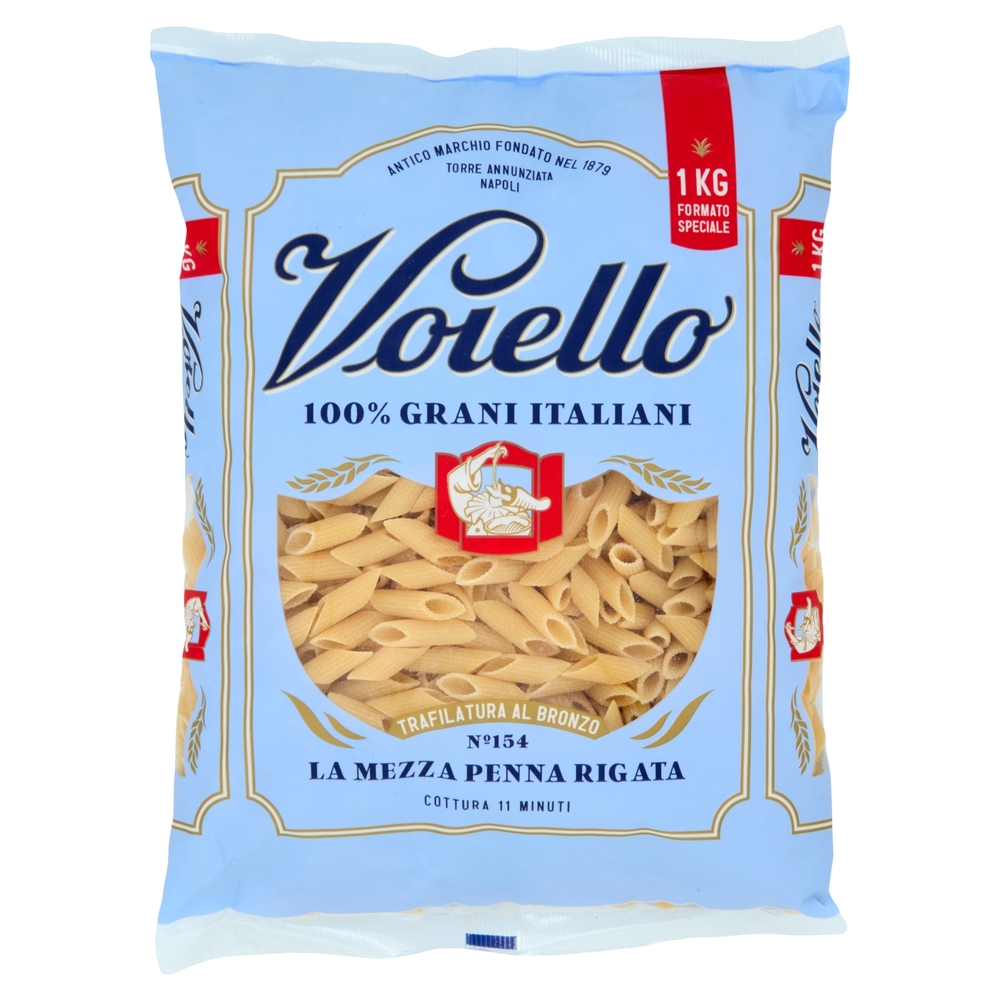 Voiello Pasta La Mezza Penna Rigata N°154 grano Aureo 100% italiano Trafilata bronzo 1Kg