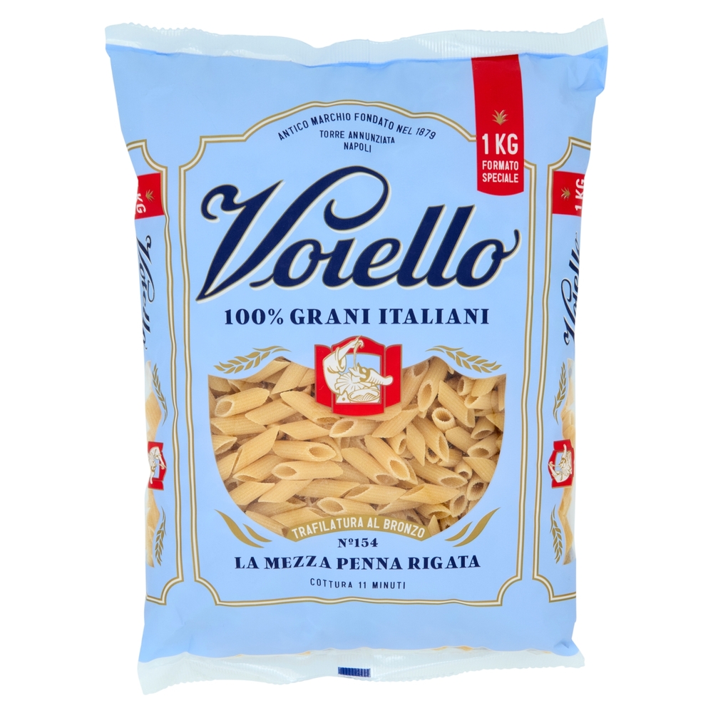 Voiello Pasta La Mezza Penna Rigata N°154 grano Aureo 100% italiano Trafilata bronzo 1Kg
