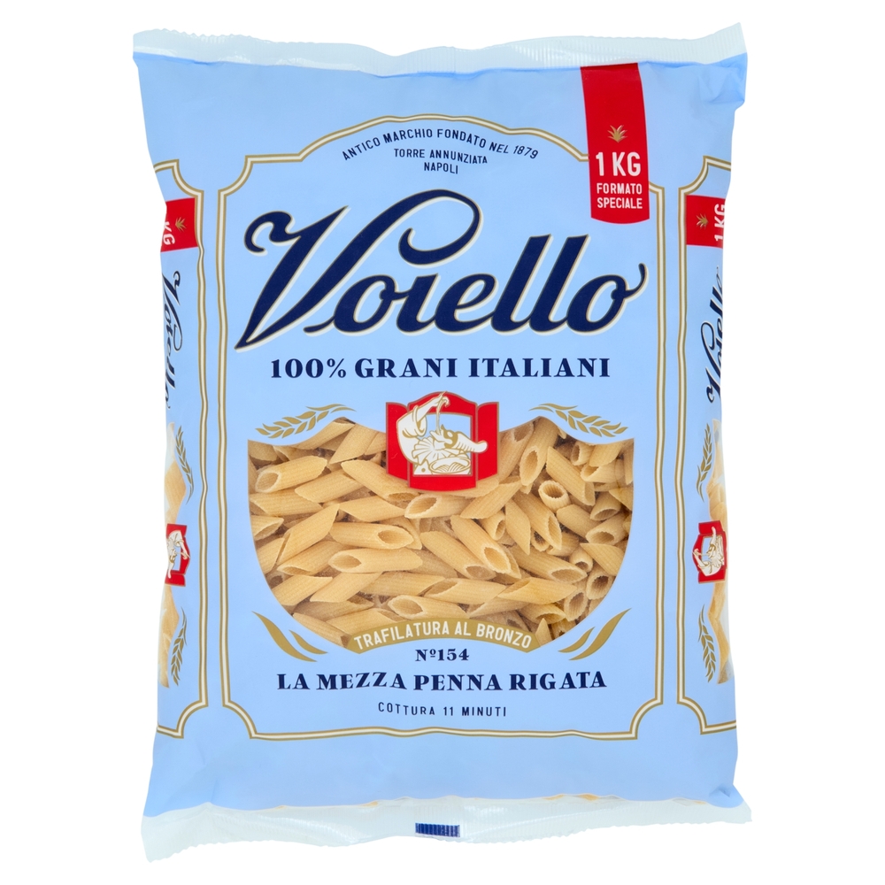 Voiello Pasta La Mezza Penna Rigata N°154 grano Aureo 100% italiano Trafilata bronzo 1Kg
