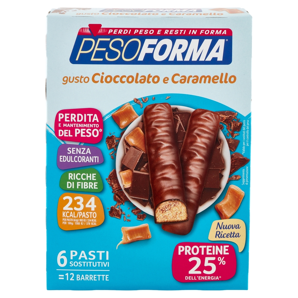 Pesoforma gusto Cioccolato Caramello, pasto sostitutivo ricco di fibre, 234 kcal per pasto, 12 x 31g
