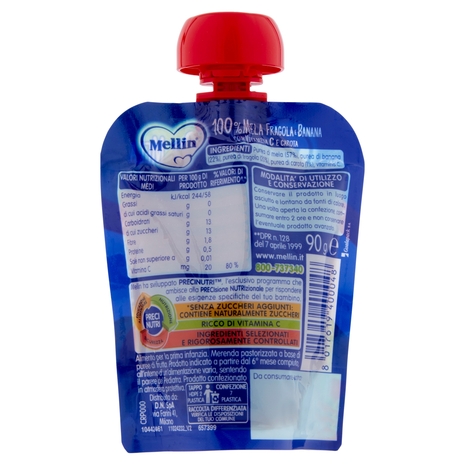MELLIN Merenda di Frutta 100% Mela, Fragola e Banana Pouch 90 g