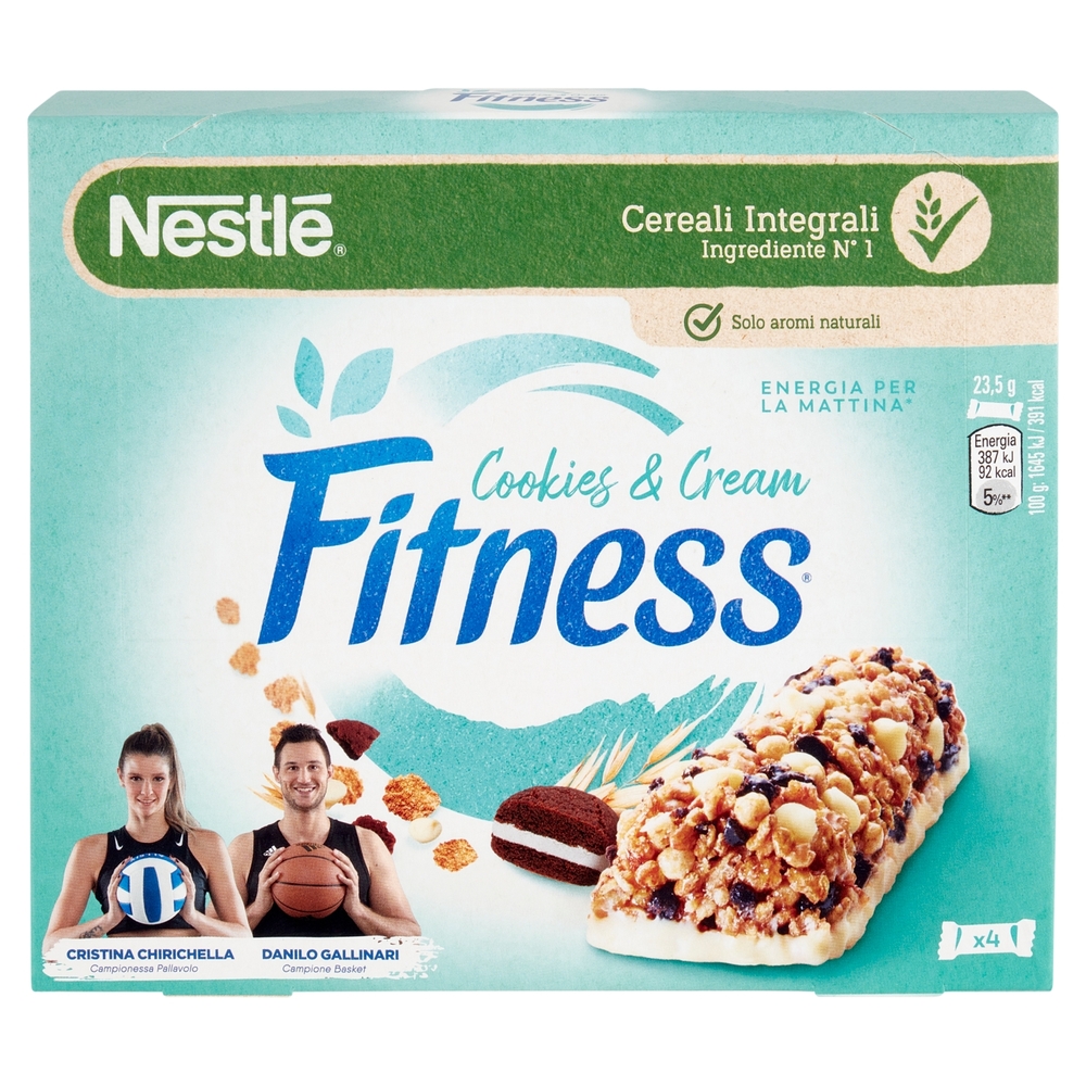 FITNESS Cookies & Cream Barrette Cereali Integrali con Biscotti e  Cioccolato Bianco 4 pezzi da 23,5g