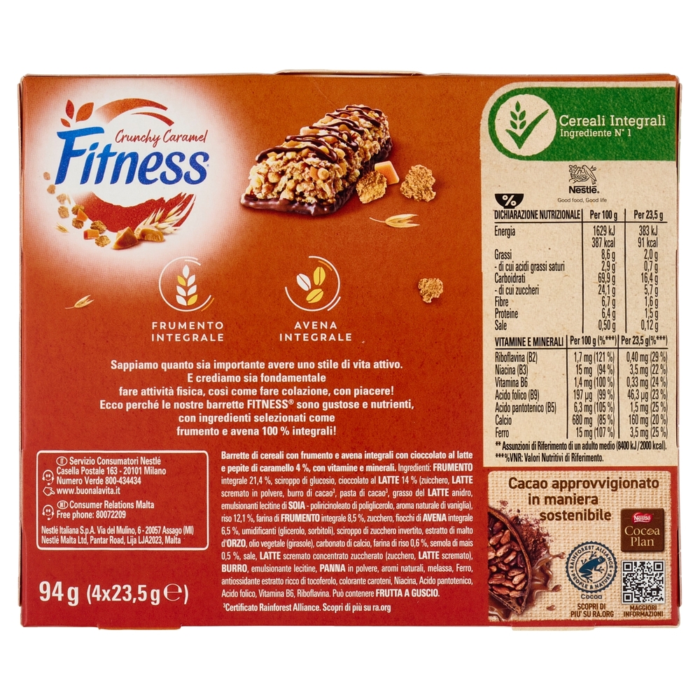 FITNESS Crunchy Caramel Barrette Cereali Integrali con Cioccolato e Caramello 4 pezzi da 23,5g