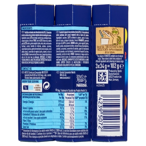 NESTLÉ Smarties Confetti ripieni di Cioccolato al Latte 3 tubi 34 g