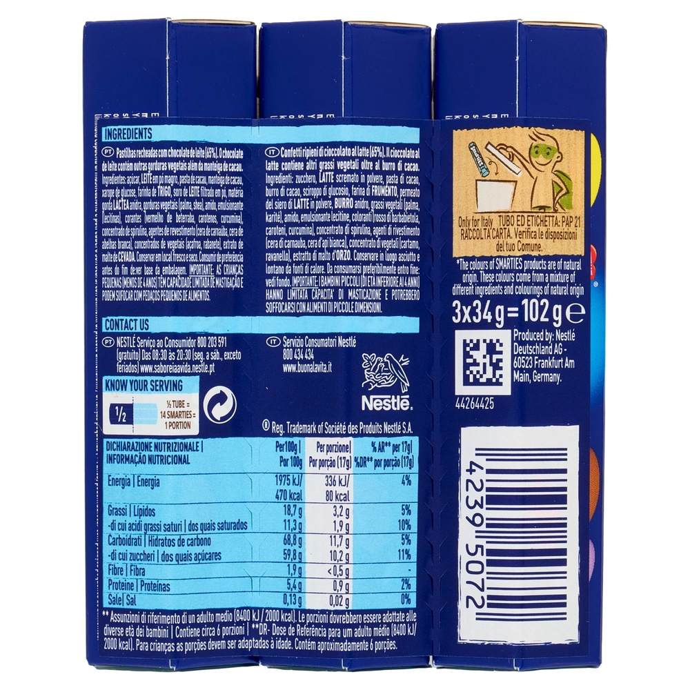 NESTLÉ Smarties Confetti ripieni di Cioccolato al Latte 3 tubi 34 g