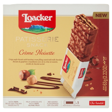 Loacker Patisserie Snack Wafer Crème Noisette con nocciole ricoperti di cioccolato al latte 3 x 21 g