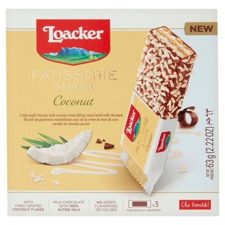 Loacker Patisserie Snack Wafer Coconut con crema al cocco ricoperti di cioccolato al latte  3 x 21 g