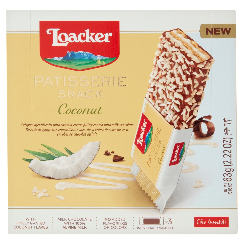 Loacker Patisserie Snack Wafer Coconut con crema al cocco ricoperti di cioccolato al latte  3 x 21 g