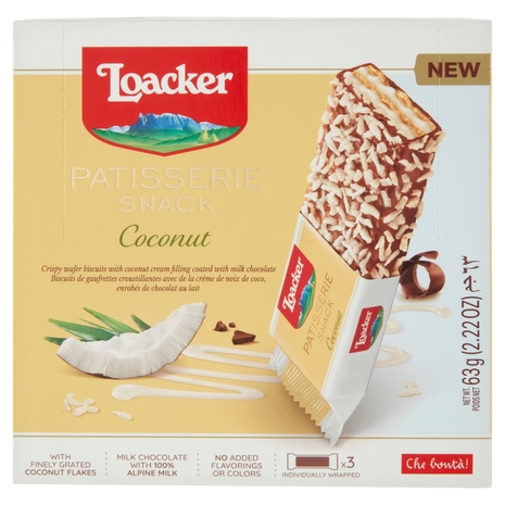 Loacker Patisserie Snack Wafer Coconut con crema al cocco ricoperti di cioccolato al latte  3 x 21 g