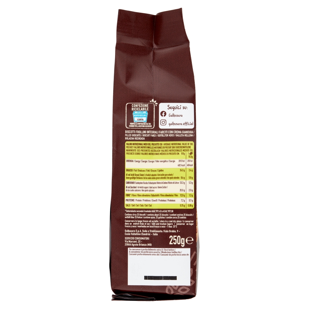 Galbusera Cereali G Integrali Farciti con Crema Gianduia Nero 250 g