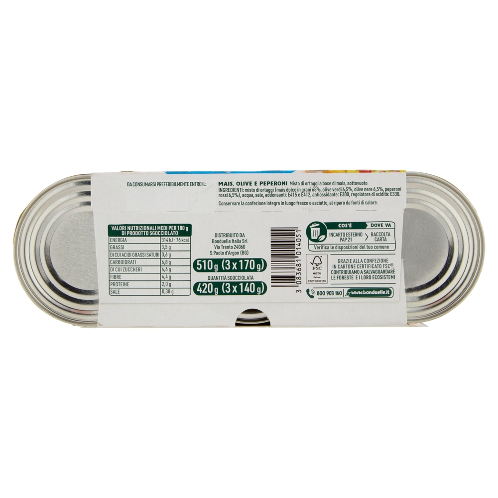 Bonduelle Mais Mix Mais, Olive e Peperoni 3 x 170 g