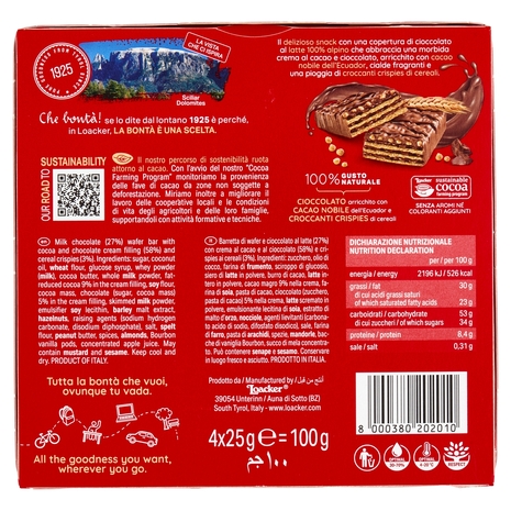 Loacker Choco & Cereals Barrette di Wafer e Cioccolato al Latte con crema al Cioccolato 25gx4