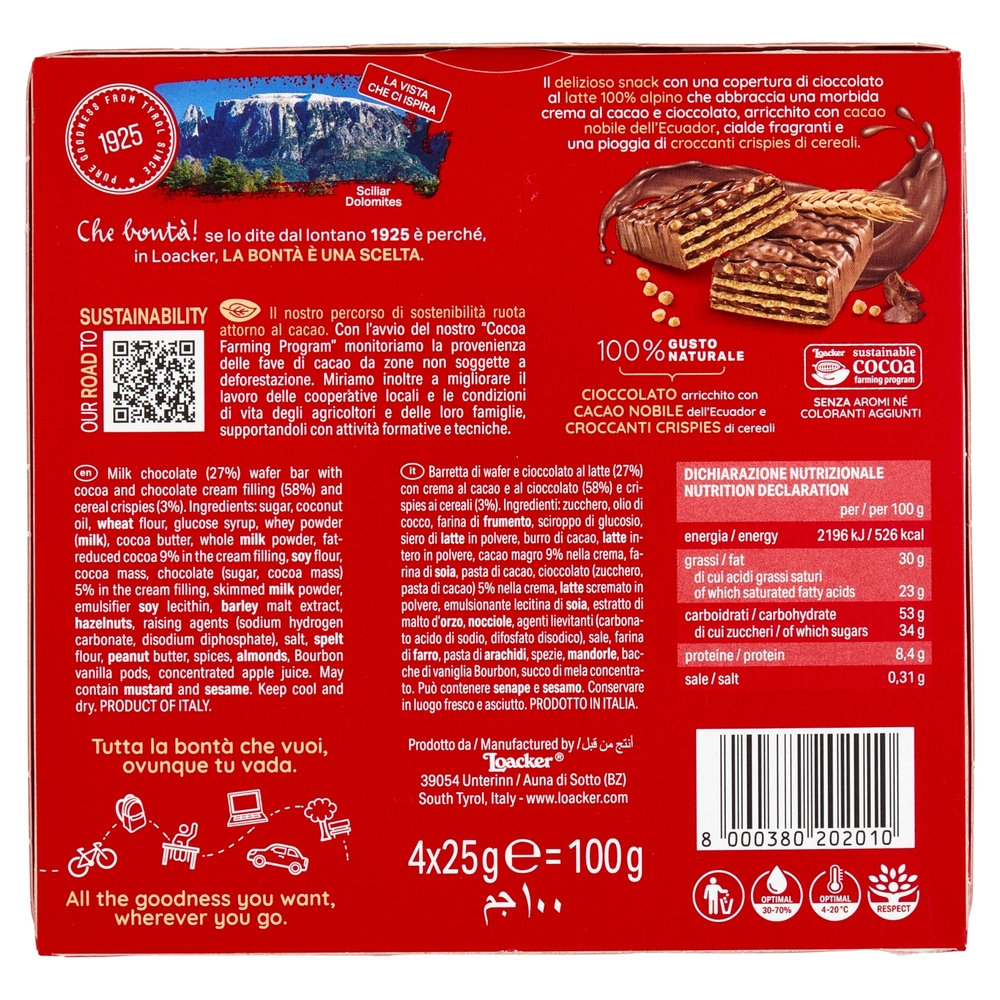 Loacker Choco & Cereals Barrette di Wafer e Cioccolato al Latte con crema al Cioccolato 25gx4