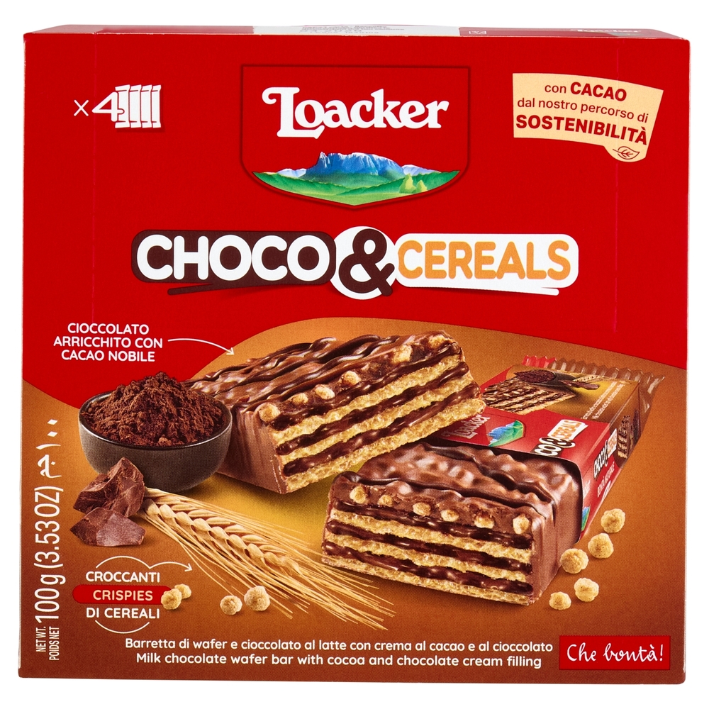 Loacker Choco & Cereals Barrette di Wafer e Cioccolato al Latte con crema al Cioccolato 25gx4