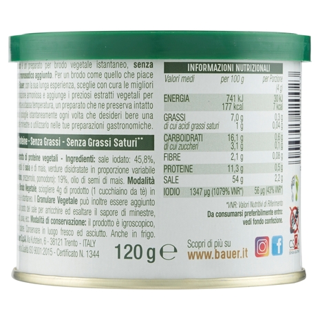 Bauer Vegetalbrodo Brodo granulare per insaporire i tuoi piatti 120 g