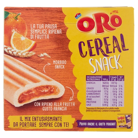 Oro Cereal Snack Arancia, soffice barretta con ripieno all'arancia - 162g