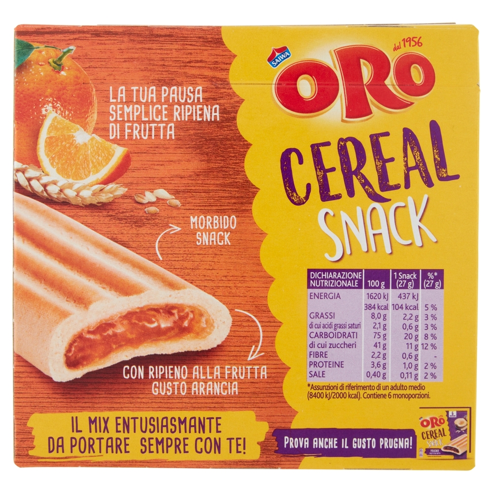 Oro Cereal Snack Arancia, soffice barretta con ripieno all'arancia - 162g