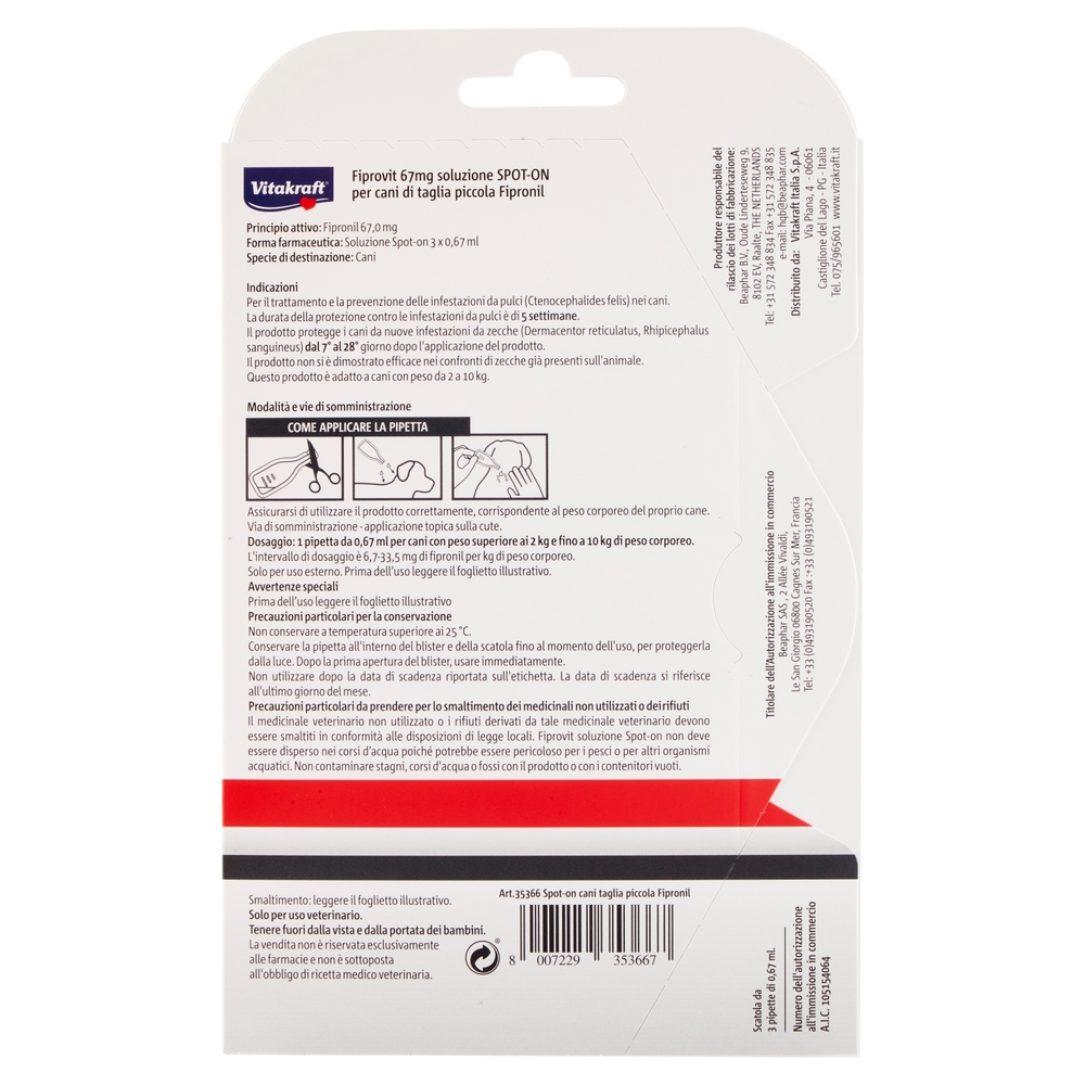 Vitakraft Fiprovit 67mg soluzione Spot-On per cani di taglia piccola Fipronil 3 x 0,67 ml